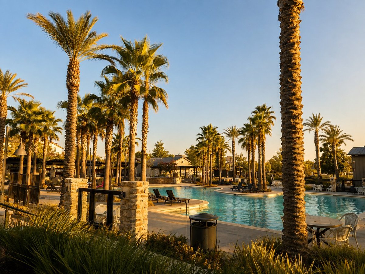 Luxury resort pool surrounded by palm trees at sunset with lounge chairs and stone architecture
