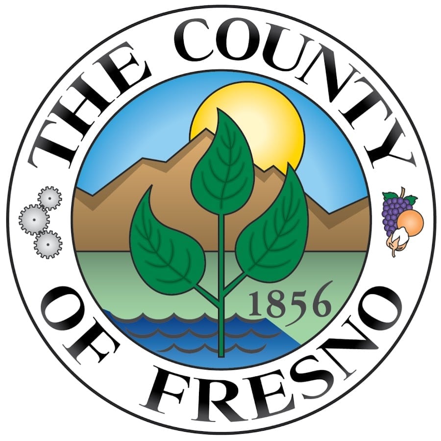 Fresno County official seal featuring a plant with green leaves, mountains, sun, water, and established date 1856