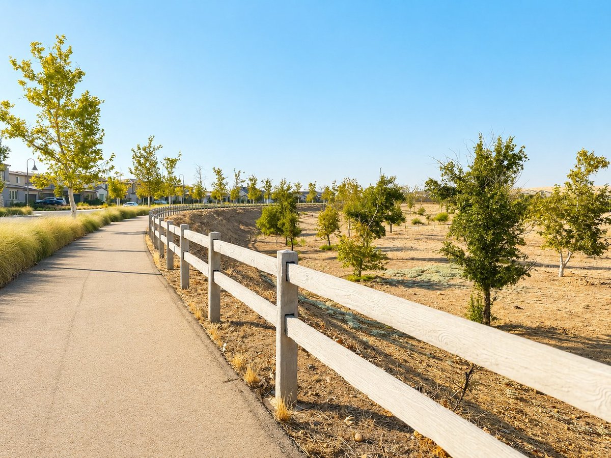 Paved pathway with white rail fence alongside young trees and dry grassland under clear blue sky